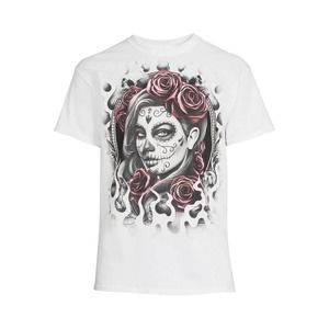 Humor Men's Large Flame Roses Pinup Graphic T Shirt Short Sleeve White